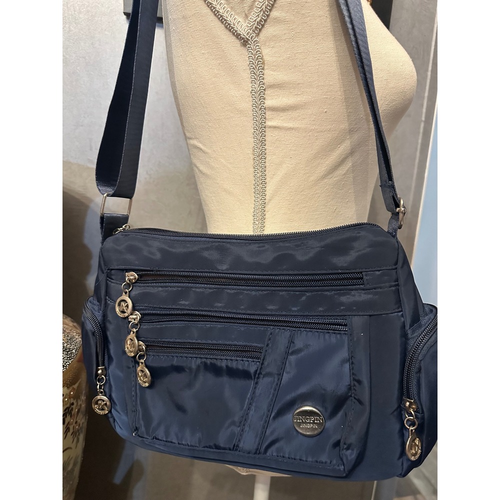 Jingpin Navy Blue Nylon Multi-Pocket Crossbody Organizer Bag Silver Hardware